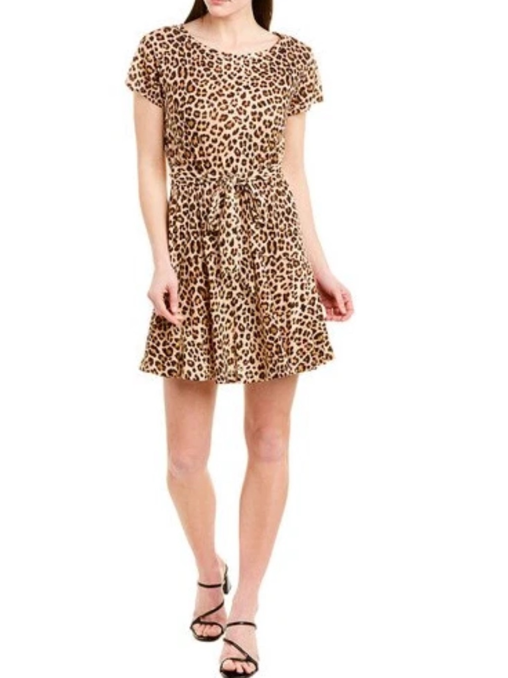 Leopard Print Short Sleeve Tie-Waist Dress - Tan/Black